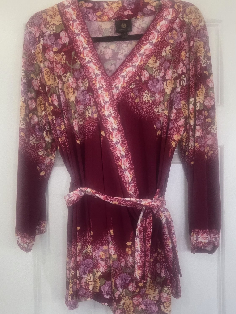 JM Collection Burgundy Floral Wrap Blouse with Pink & Yellow Accents